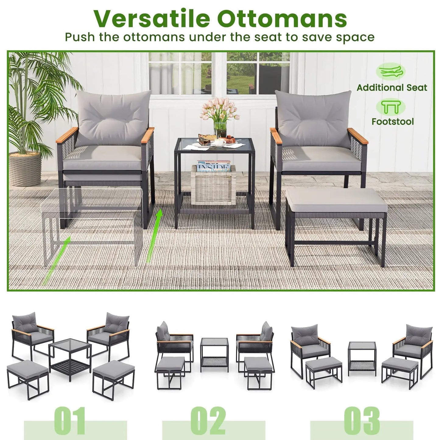 5 Piece Outdoor Rattan Conversation Set with 2-Layer Side Table and 2 Ottomans-Gray - Tampa Home & Garden Store
