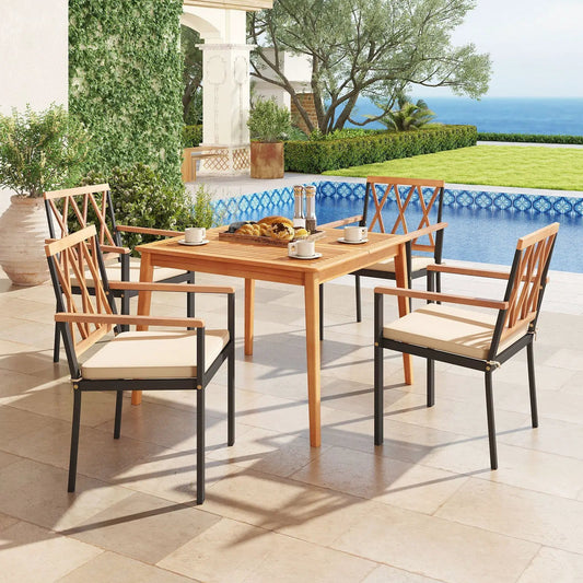 5 Piece Patio Acacia Wood Dining Set Solid Wooden Dining Furniture with Umbrella Hole - Tampa Home & Garden Store