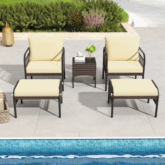 5 Piece Patio Conversation Set with Ottomans and Coffee Table brown wicker cream cushions on Tampa Home & Garden Store