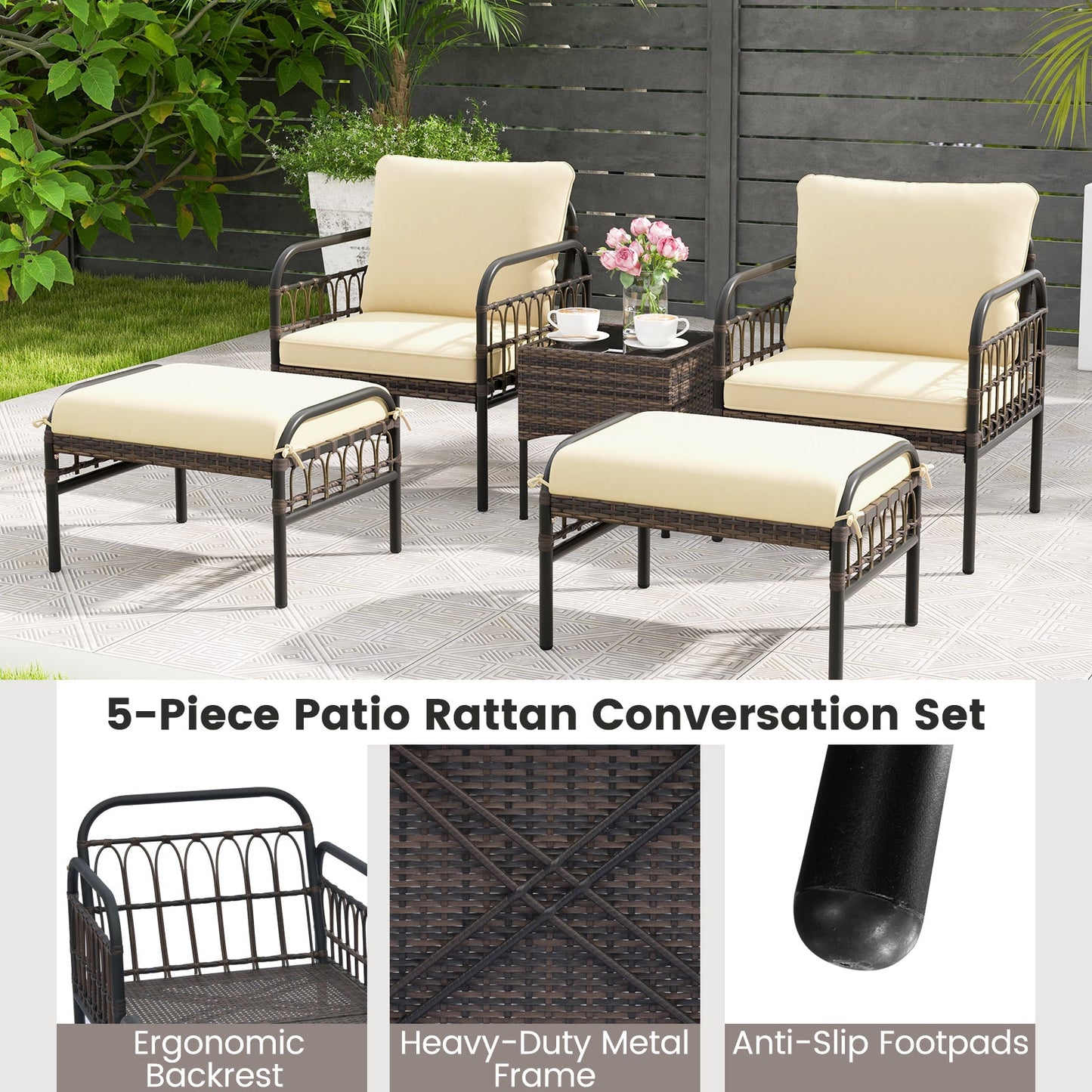 5-Piece patio rattan set with beige cushions, 2 chairs, 2 ottomans and glass coffee table on Tampa Home & Garden Store