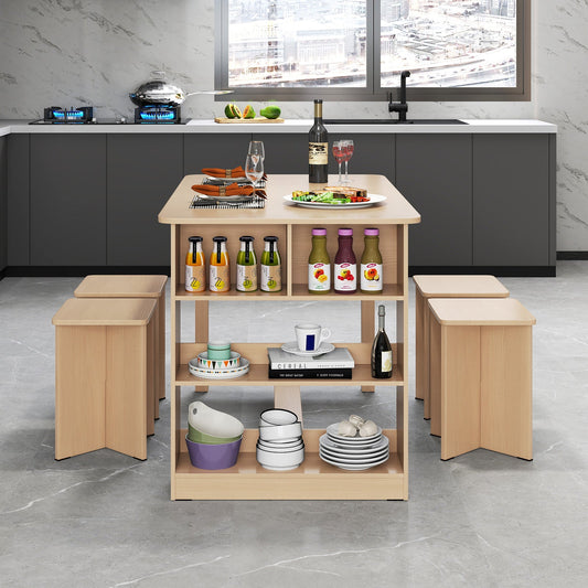 Juego de comedor de 5 piezas con estante de almacenamiento y 4 taburetes - Natural