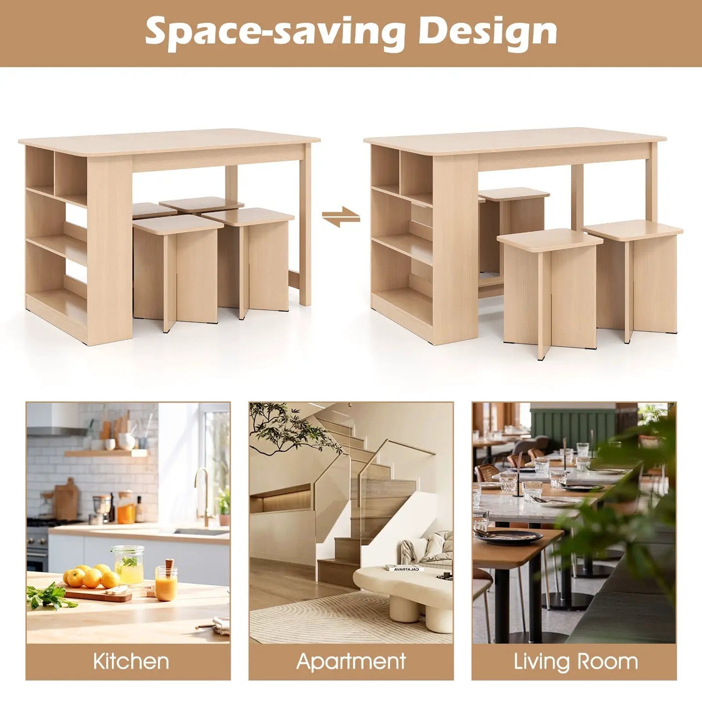 5-Piece dining table set with storage shelf and four stools in natural wood finish DirectDeals on Tampa Home & Garden Store