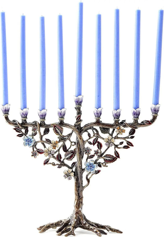 Elegant Hanukkah menorah with flower vine design, 9 blue candles, crystal accents on Tampa Home & Garden Store