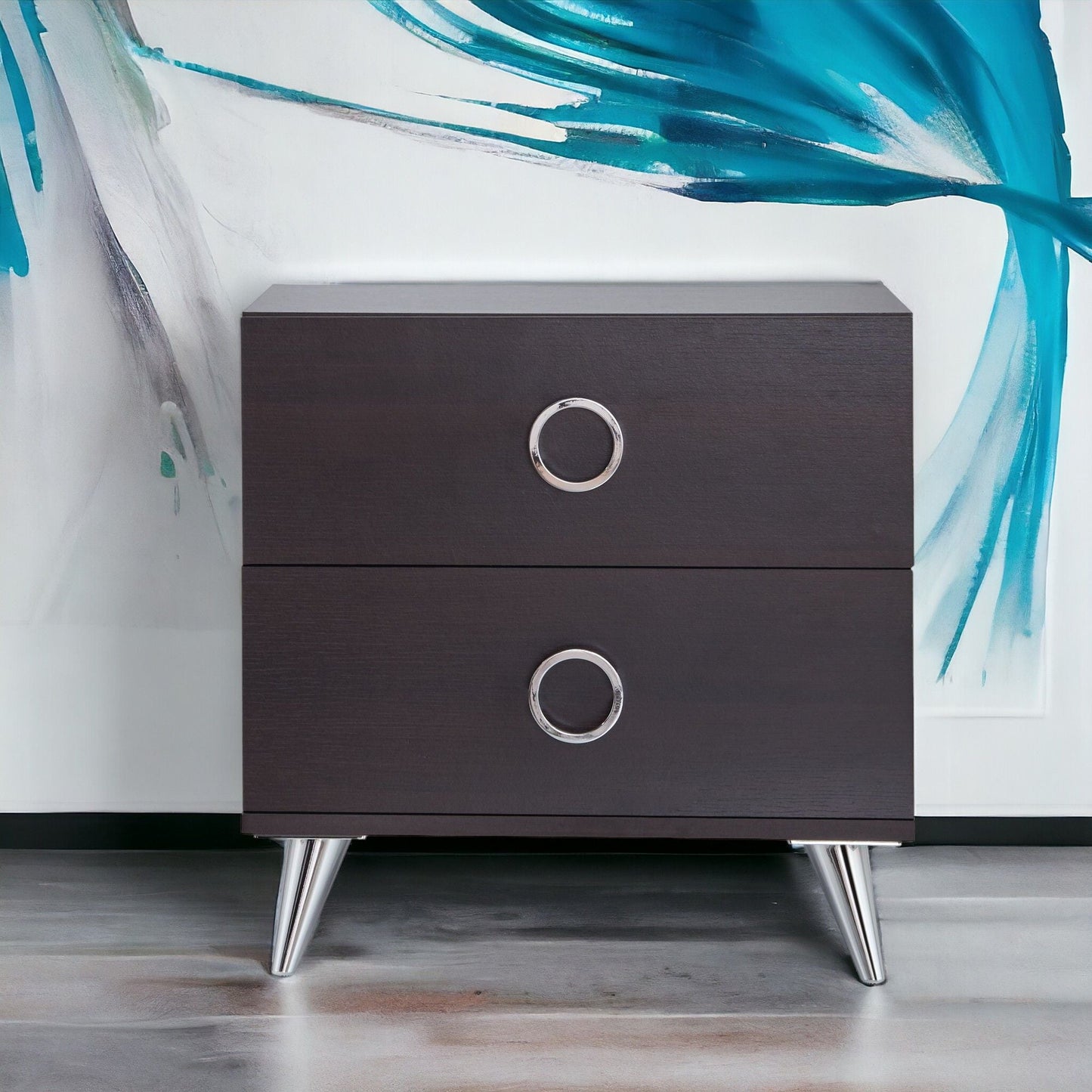 Elms espresso accent table by HouseOfZazla, two-drawer nightstand with silver ring pulls on Tampa Home & Garden Store