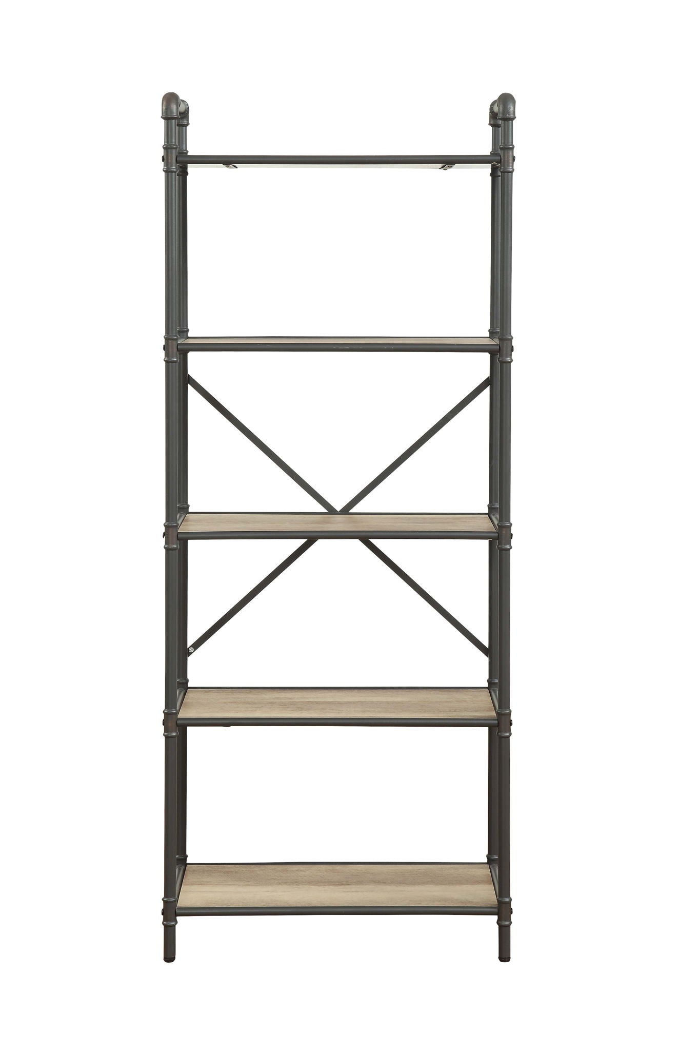 Itzel Bookshelf antique oak sandy gray, dark metal frame with light wood shelves and X-back on Tampa Home & Garden Store