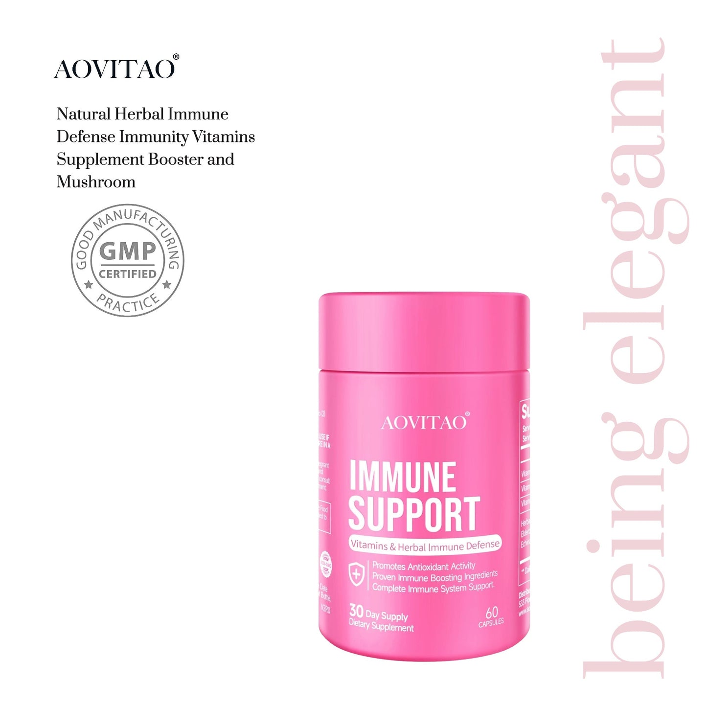 Pink AOVITAO immune support bottle with mushroom blend 60 capsules on Tampa Home & Garden Store