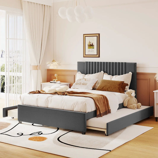 Upholstered platform bed with drawers, gray tufted headboard, by Unique Piece Furniture on Tampa Home & Garden Store