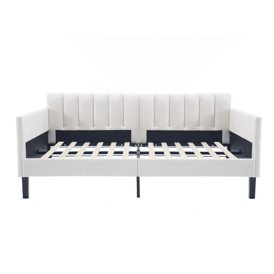Elena Boucle Upholstered Daybed with ribbed tufted backrest in light beige fabric by HouseOfZazla on Tampa Home & Garden Store
