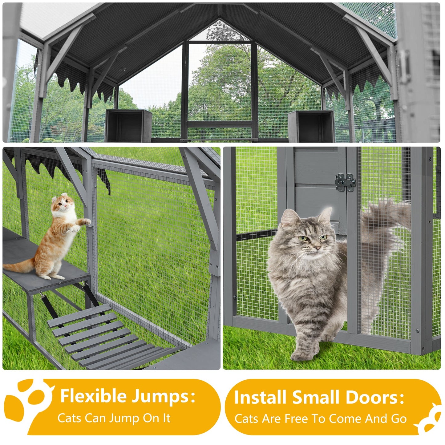 Cat House by HouseOfZazla; gray metal mesh pen & hutches with stairs and two cats on Tampa Home & Garden Store