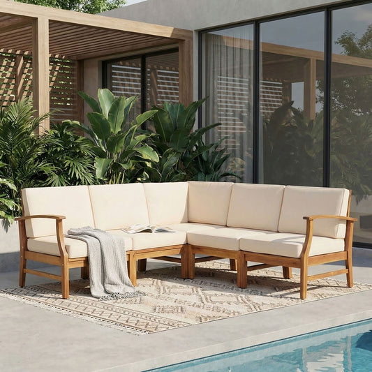 Perla 5-Piece Outdoor Sofa Set cream cushions on a wooden frame L-shaped on Tampa Home & Garden Store