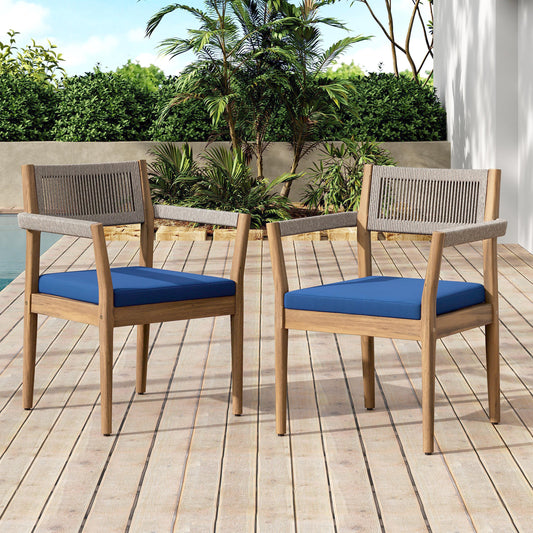 Braided acacia wood outdoor dining chairs set of 2 with teak-look finish and blue cushions on Tampa Home & Garden Store
