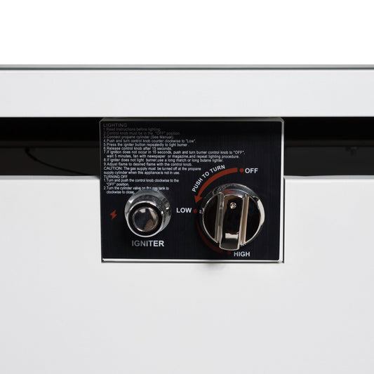 Outdoor Fire Pit Table control panel with igniter and knobs, black panel, chrome accents on Tampa Home & Garden Store