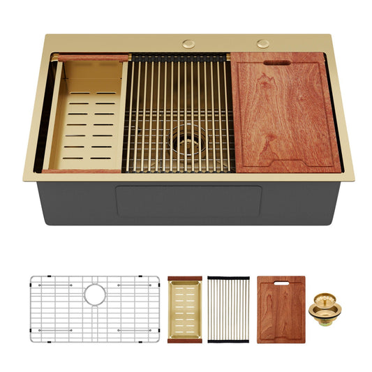 Drop-In Kitchen Sink stainless steel 16 gauge by HouseOfZazla with gold frame and cutting board on Tampa Home & Garden Store