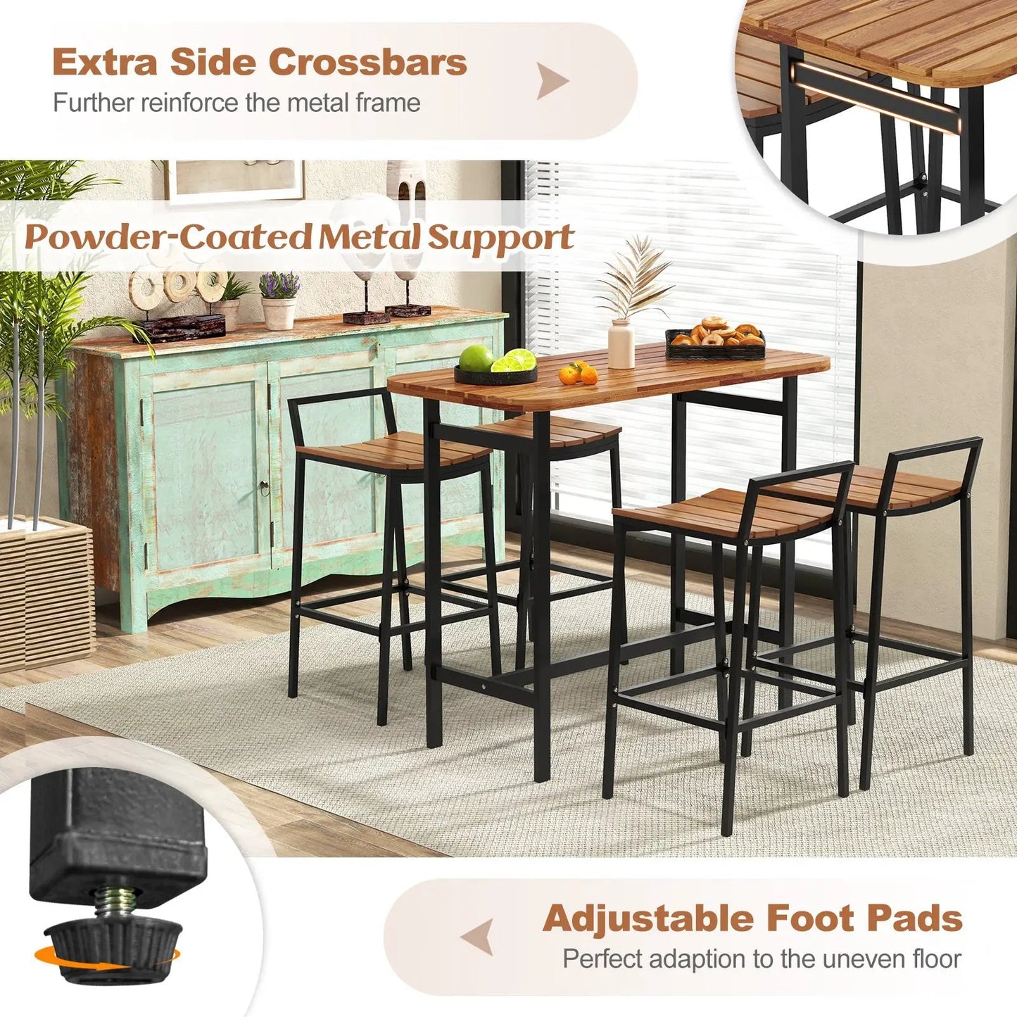 5-Piece Acacia Wood Bar Table Set with Footrest, bar-height table and stools, black powder-coated metal frame on Tampa Home & Garden Store