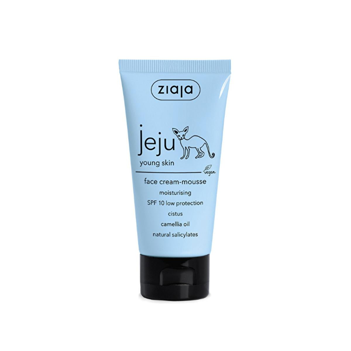 Ziaja Jeju young skin face cream-mousse tube, light blue with black cap, moisturizing SPF10 on Tampa Home & Garden Store