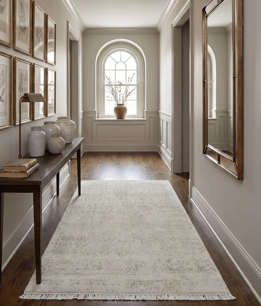 Area rug 5x7 fine hand knotted beige and brown Persian style, handspun wool hallway runner on Tampa Home & Garden Store