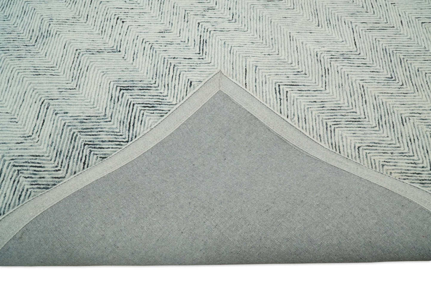 Alfombra moderna de lana azul y marfil, hecha a mano, de 5x8 y 8x10 | EVE001