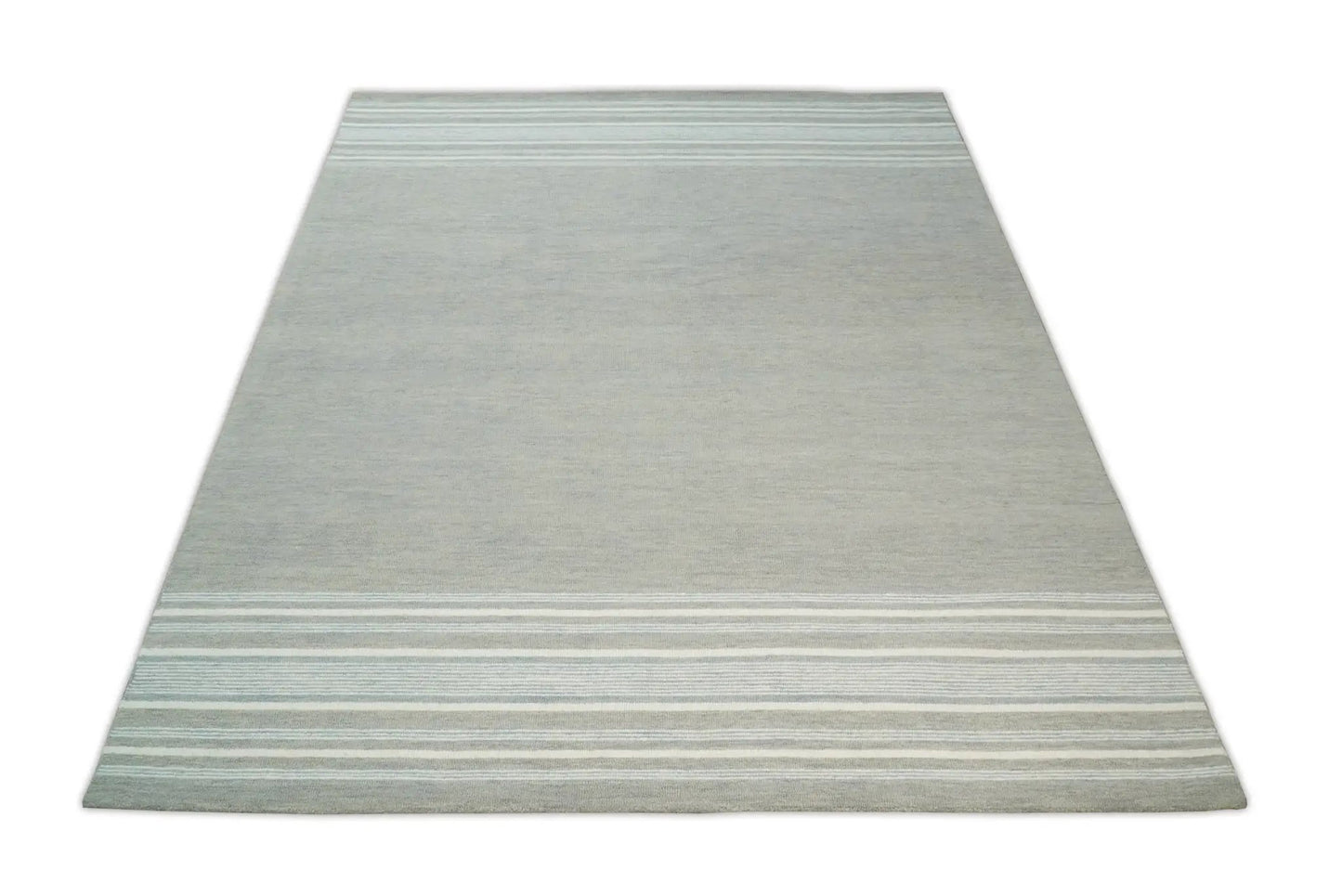 Area rug 5x8 and 8x10 handmade woolen modern stripes in ivory and grey with striped borders on Tampa Home & Garden Store