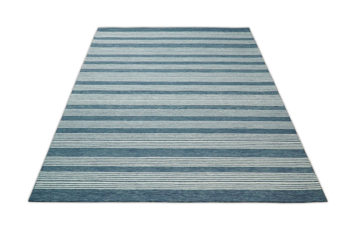 Alfombra moderna de lana a rayas blancas y azules, hecha a mano, de 5x8 y 8x10 | NAU002