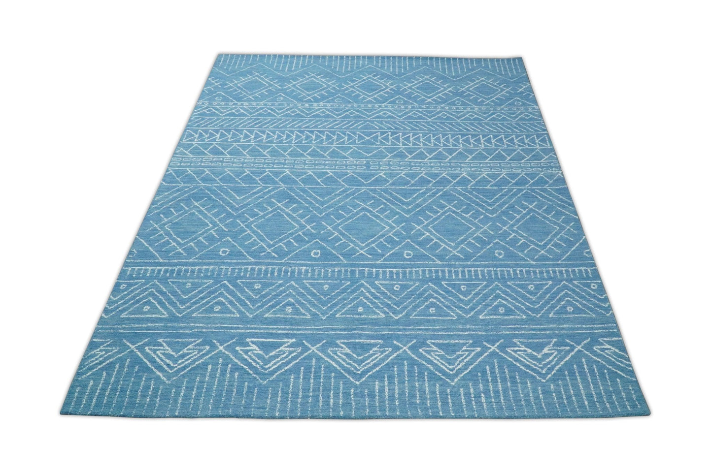 Alfombra tribal de lana azul lisa, hecha a mano, de 5x8 y 8x10 | AZT002