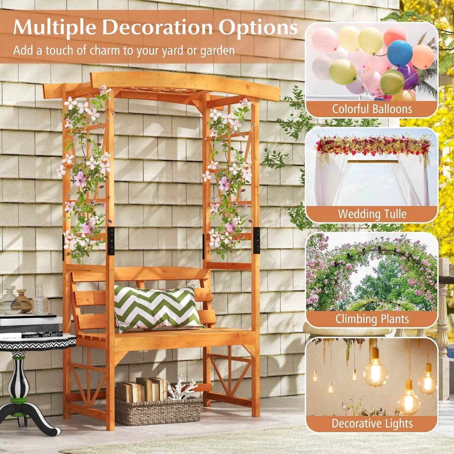 Tall wooden patio arbor with pergola and 2-seat bench, cedar finish with climbing flowers on Tampa Home & Garden Store