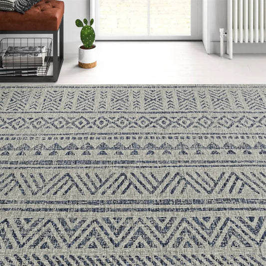 6.5 ft. x 9 ft. Blue Grey Chevron Coastal Boho Style Indoor Outdoor Area Rug - Tampa Home & Garden Store