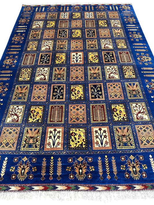 Afghani Bakhtiari Wool Rug Garden Blue Cream by Rugistan; hand-knotted grid motifs on Tampa Home & Garden Store