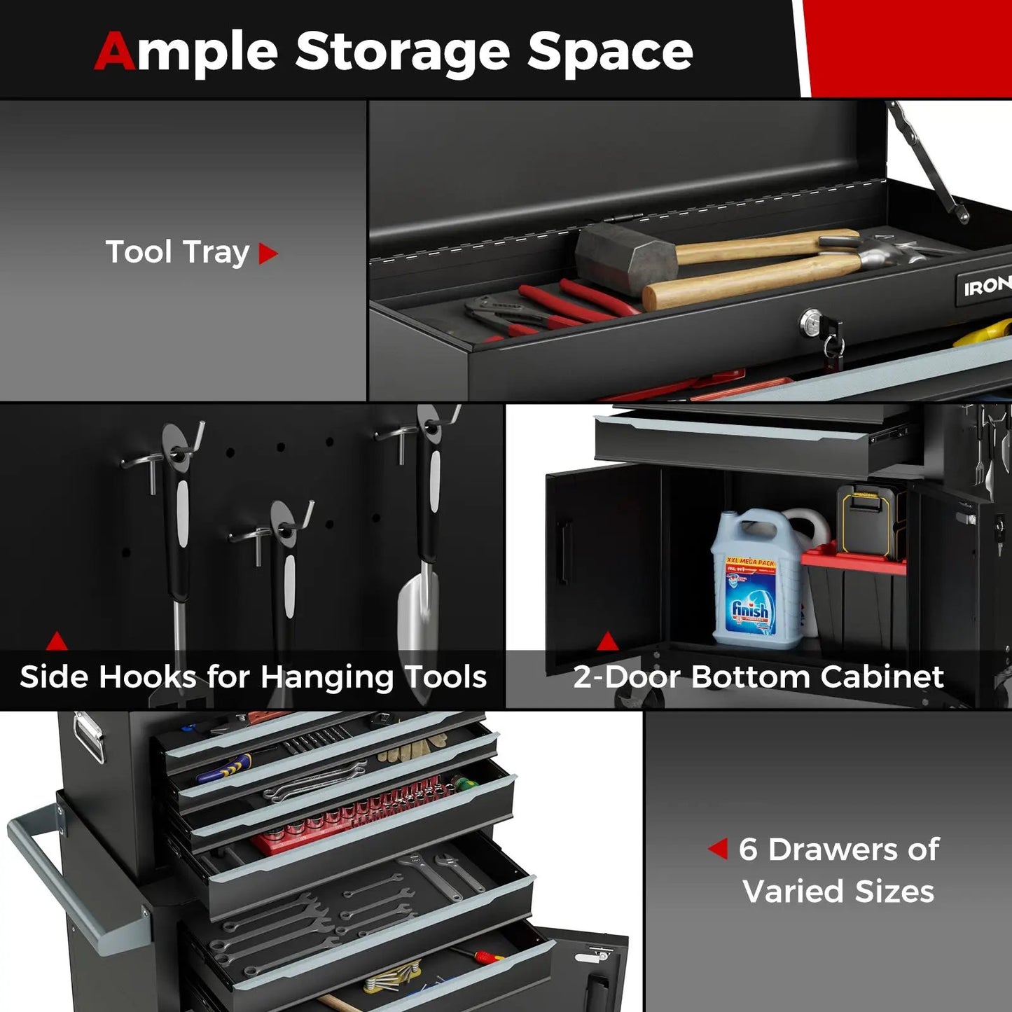 Six-Drawer rolling tool chest with wheels, black metal finish, tool tray, DirectDeals on Tampa Home & Garden Store