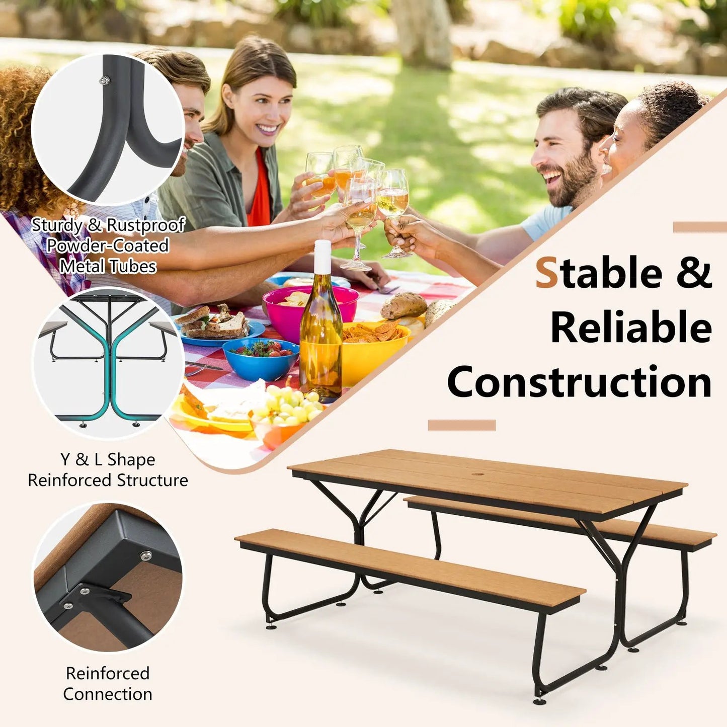 Outdoor picnic table bench set for 6-8 people, brown wood slats, black powder-coated frame on Tampa Home & Garden Store