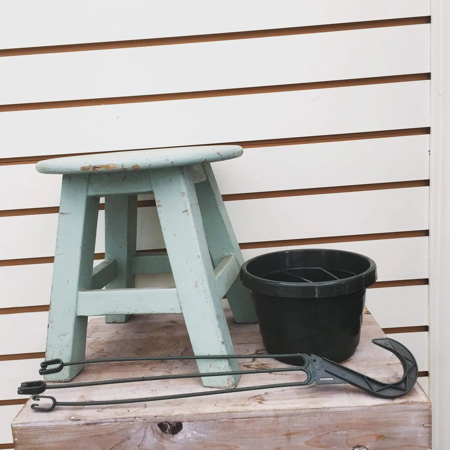 6 inch growing pot for hanging and upright use in black plastic on a light blue stool on Tampa Home & Garden Store
