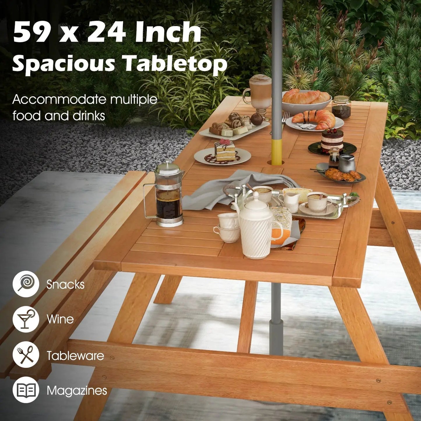Six Person Picnic Table Set with Built-In Benches in natural wood finish with umbrella hole on Tampa Home & Garden Store