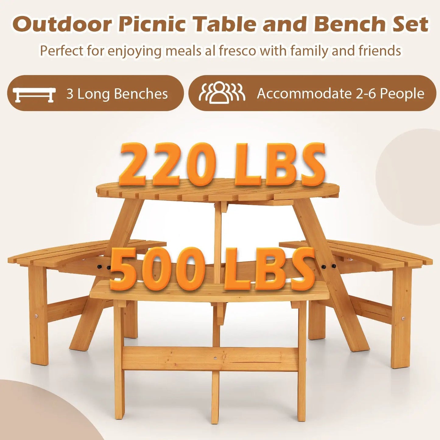 6-person round picnic table set with 3 wooden benches in natural finish on Tampa Home & Garden Store