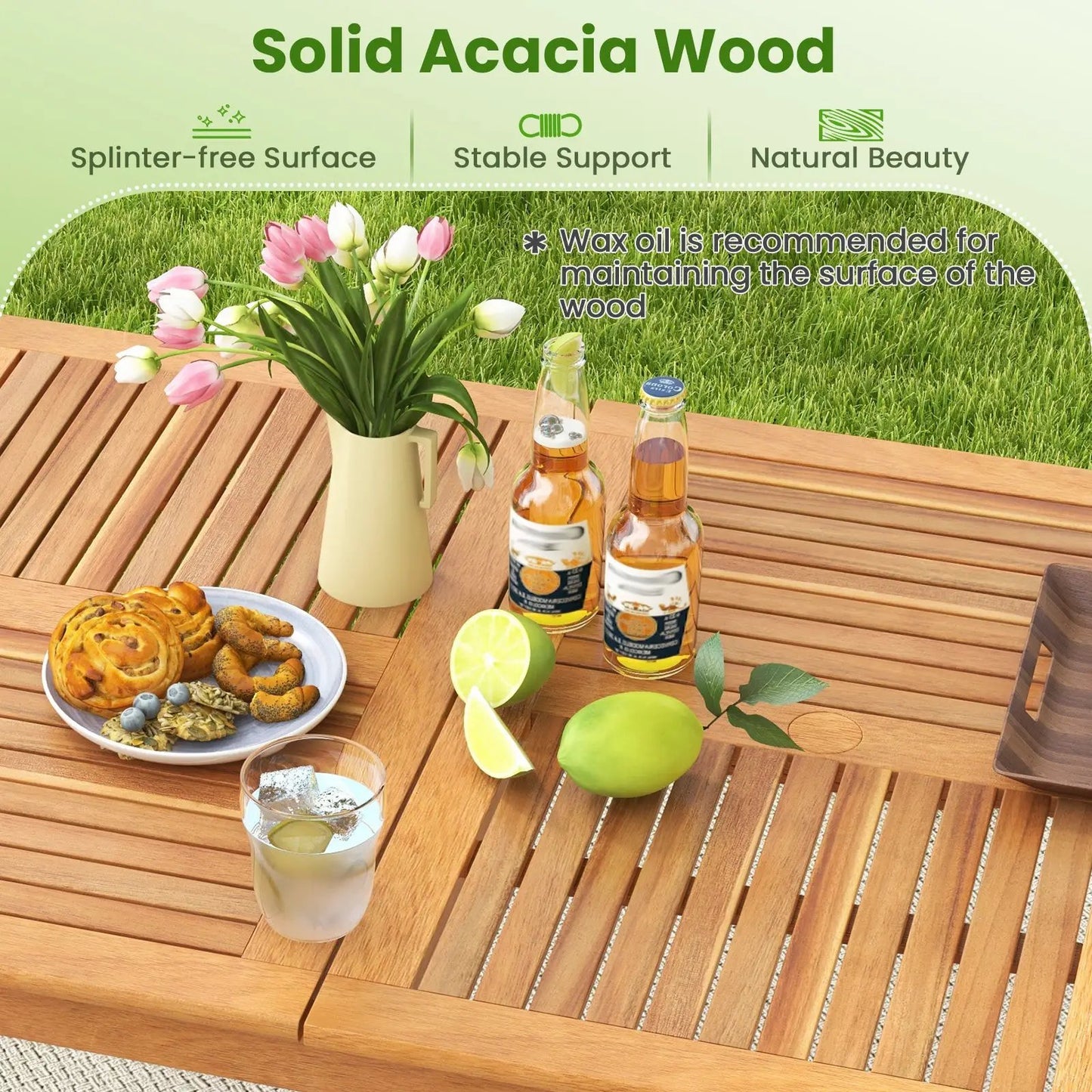 Outdoor Acacia Wood Bistro Table for Six with slatted top, shown with beverages and flowers on Tampa Home & Garden Store