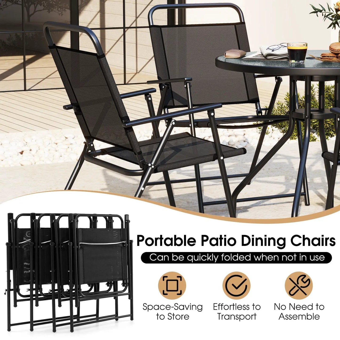 Outdoor Patio Dining Set with Folding Chairs, black metal frame and mesh seats, round table on Tampa Home & Garden Store