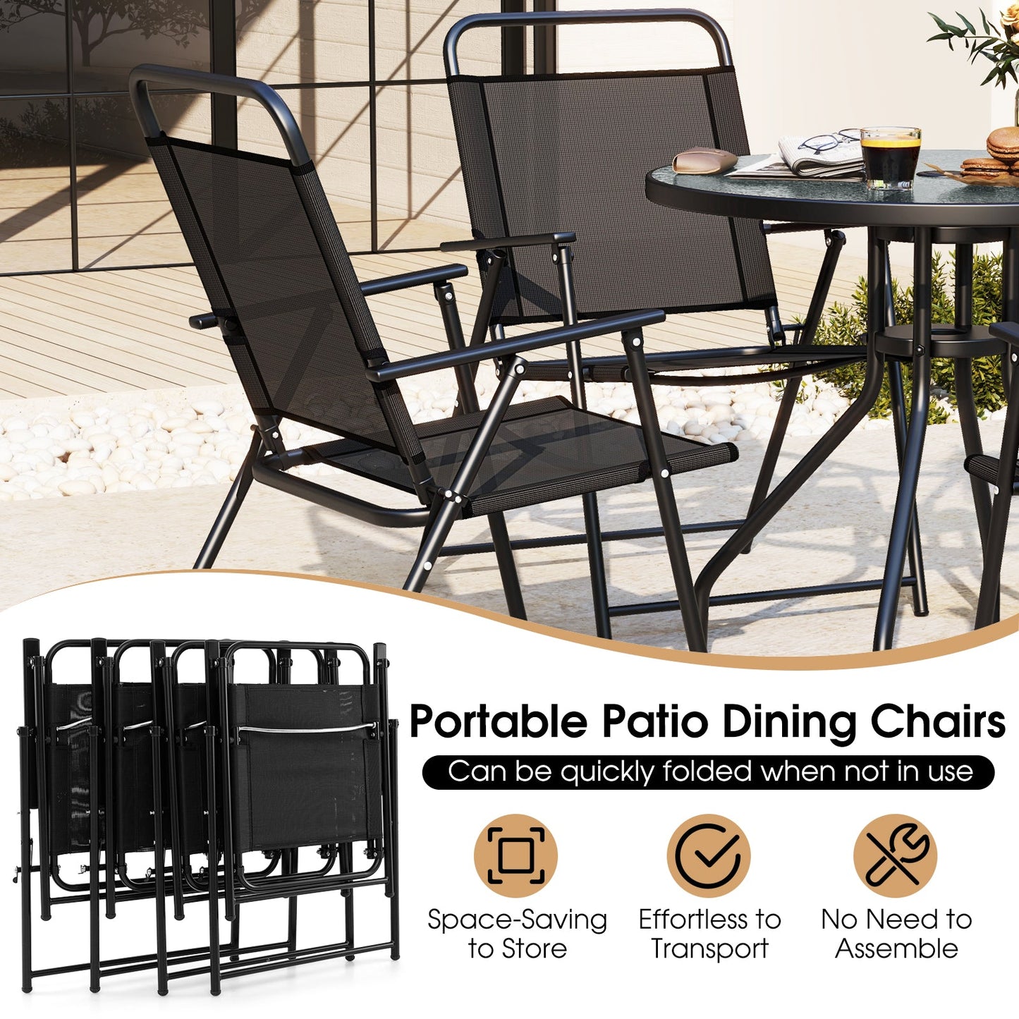 6 Pieces Patio Dining Set Folding Chairs Glass Table Tilt Umbrella for Garden-Gray - Tampa Home & Garden Store