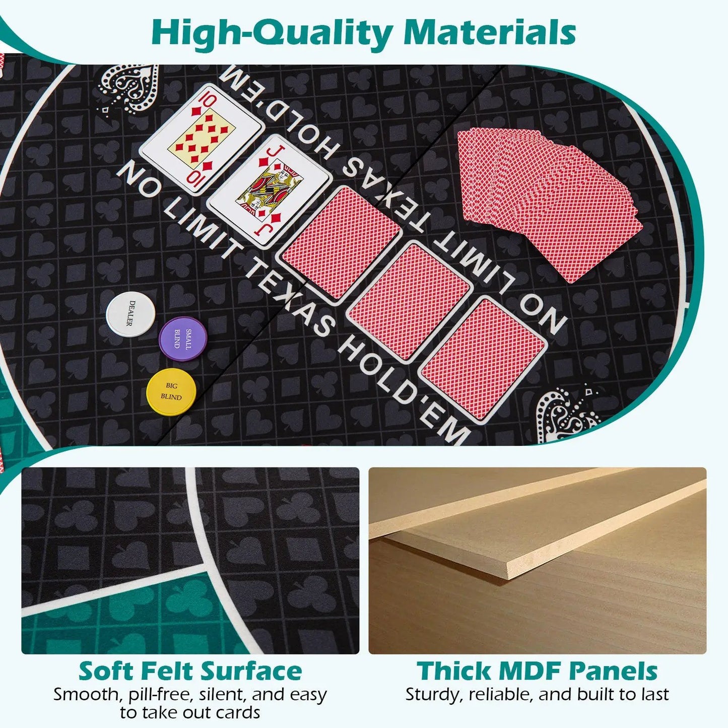 48 Inch Six-Player Tabletop Poker Mat Green with cards and labeled chips DirectDeals on Tampa Home & Garden Store