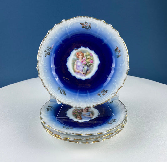 6" Salad or Dessert Plates. Set of Four Antique Royal Bavarian, Hand Painted Cobalt Blue With Women Holding Flowers. Collectible Porcelain. - Tampa Home & Garden Store