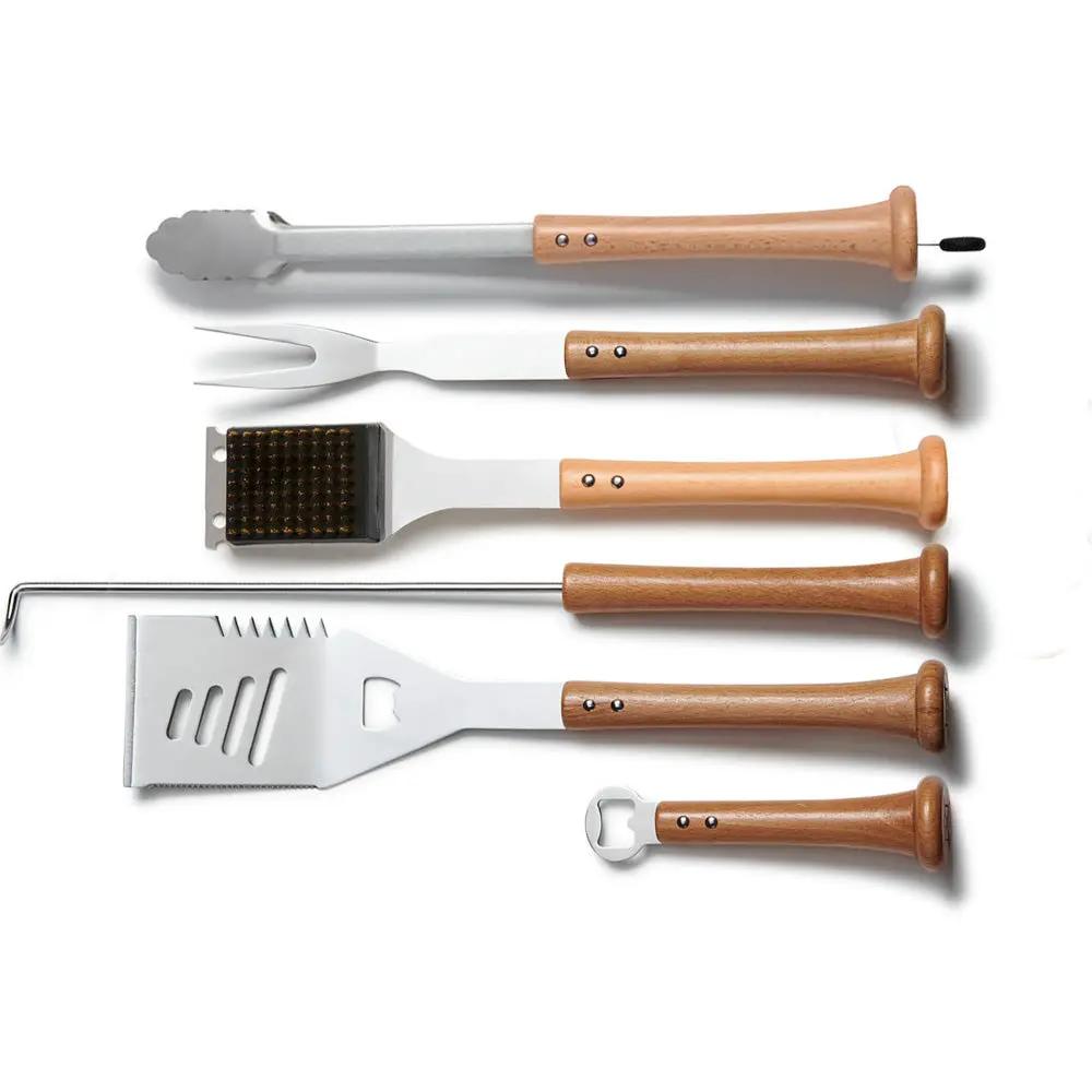 Six Tool Player Grill Tool Set Bundle, 6-piece BBQ utensils with wooden handles Baseball BBQ on Tampa Home & Garden Store