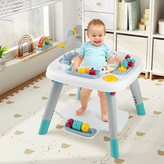 Six-In-One Baby Activity Center Jumper Table with teal legs and colorful toy panels on Tampa Home & Garden Store