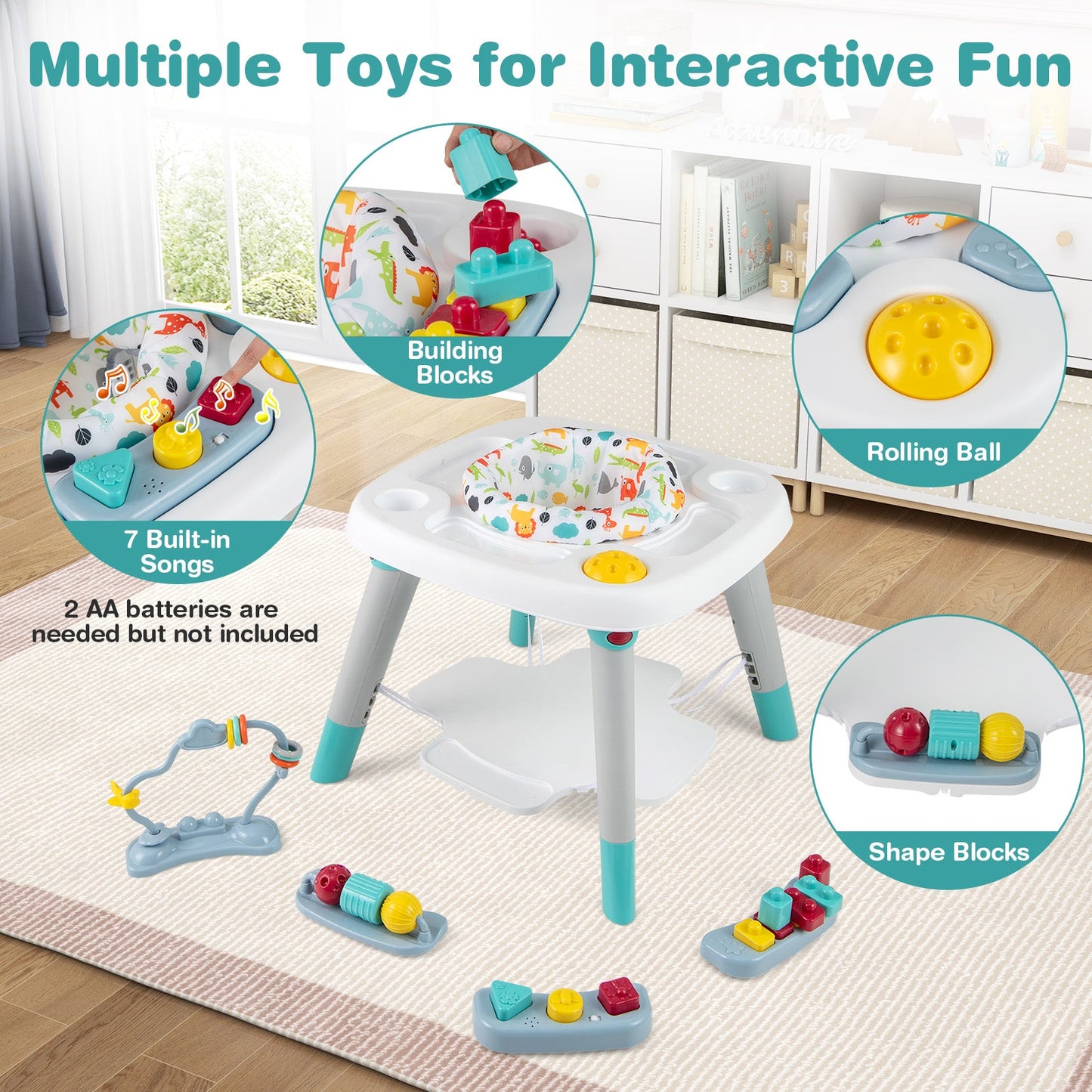 Six-In-One Baby Activity Center Jumper Table DirectDeals teal colorful blocks rolling ball on Tampa Home & Garden Store
