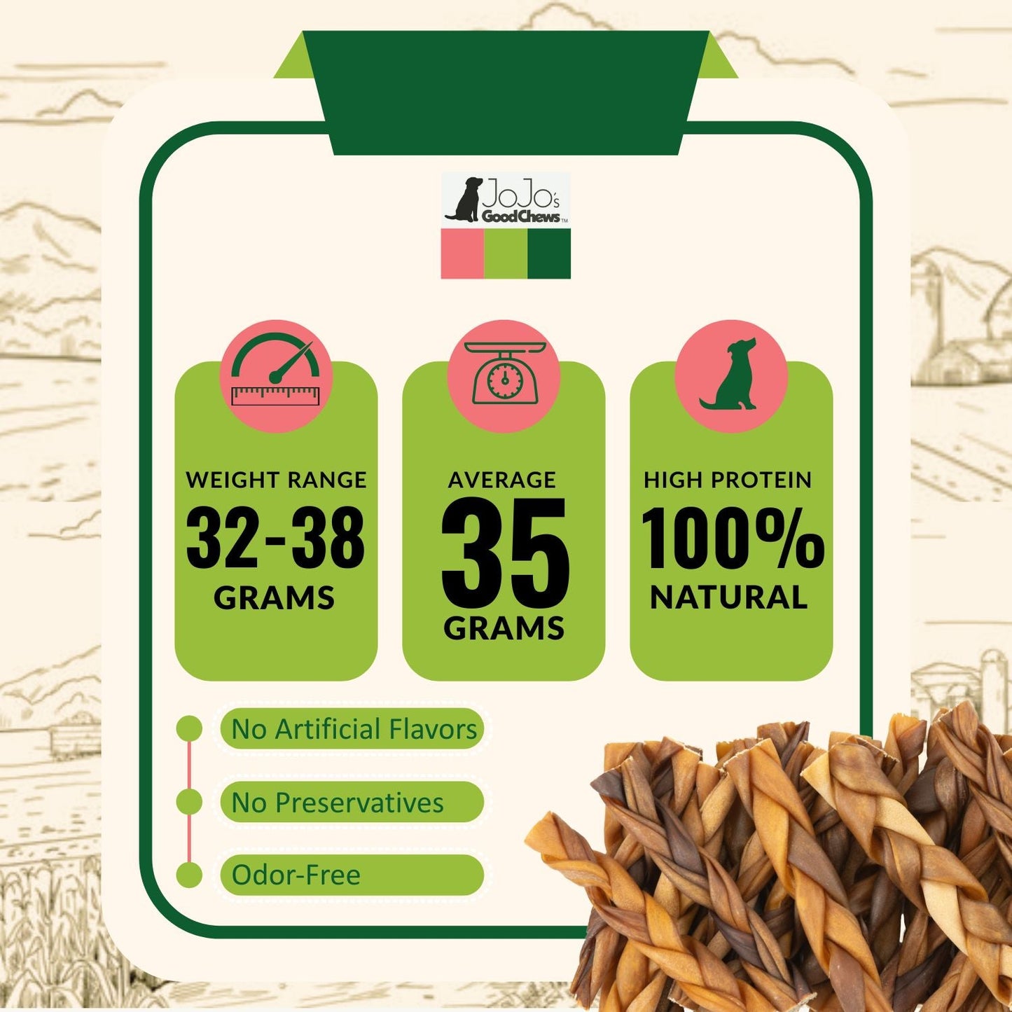 Natural braided collagen dog treats from JoJo's Good Chews; 32–38g, 100% natural protein on Tampa Home & Garden Store