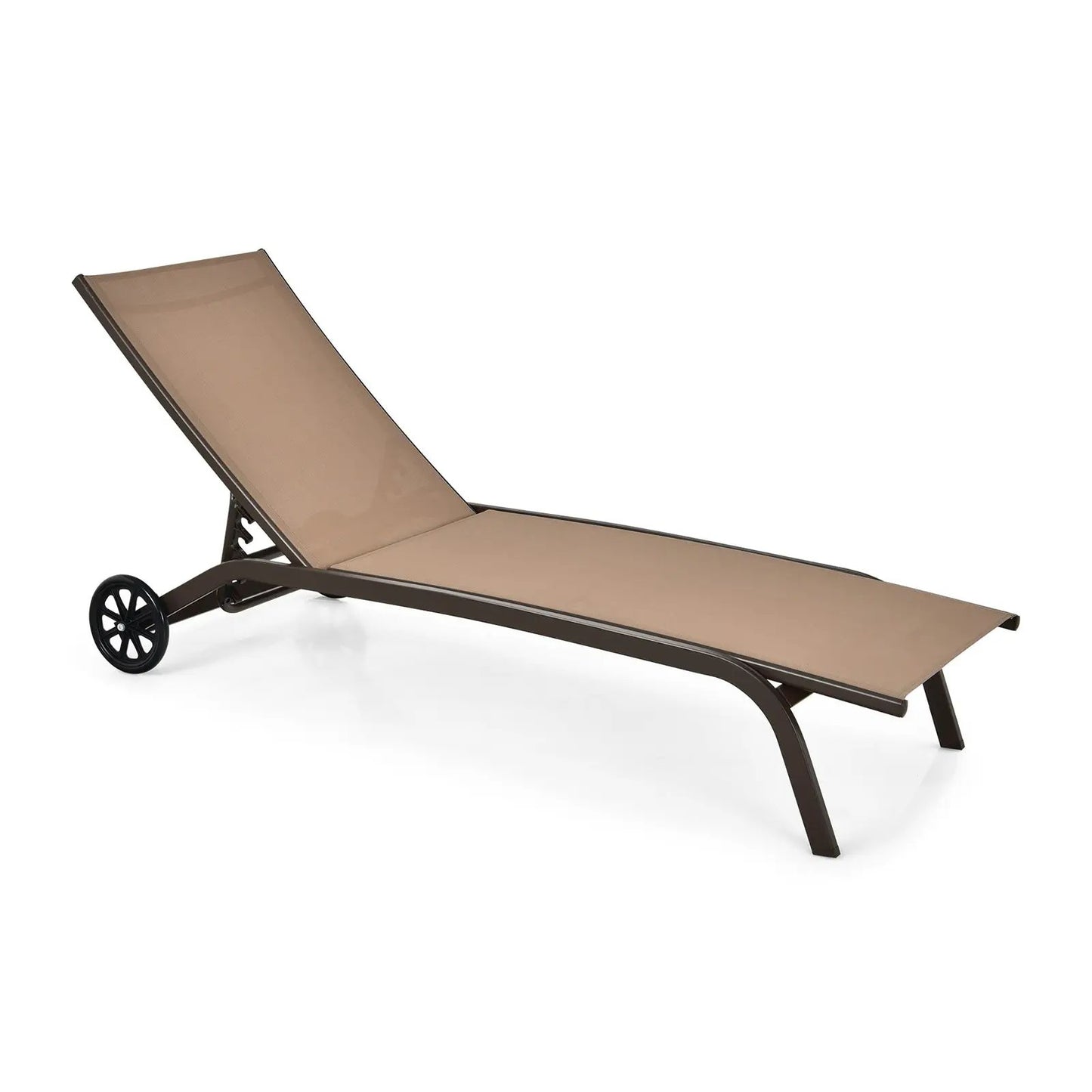 6-Position Outdoor Chaise Recliner with Wheels DirectDeals brown frame tan fabric sunlounger on Tampa Home & Garden Store