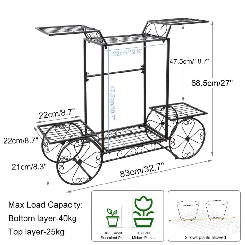 Ornate black metal plant stand 6 tiers, Decorbites planter cart wheels on Tampa Home & Garden Store