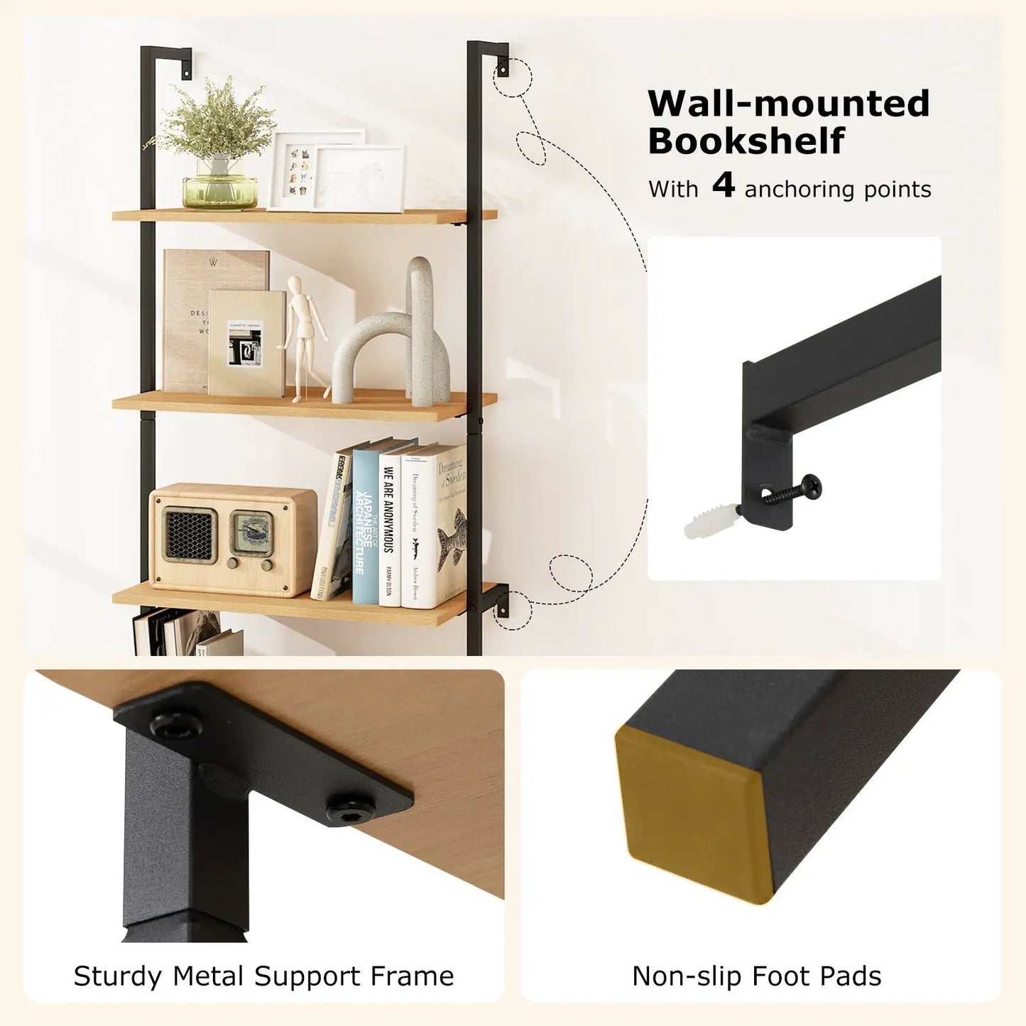 72.5 Inch 6-Tier Wall Mounted Ladder Bookshelf with Rattan Cabinet-Natural - Tampa Home & Garden Store