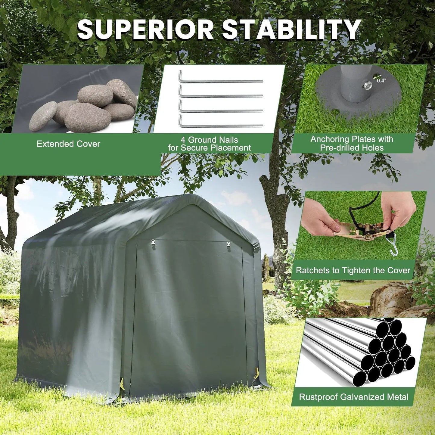 Portable motorcycle storage shelter with gray fabric cover and galvanized steel frame on Tampa Home & Garden Store