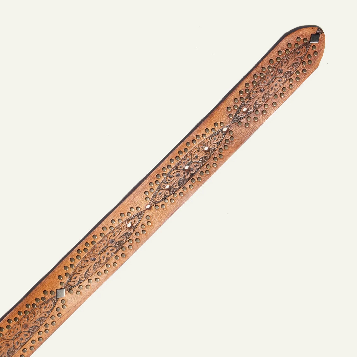 Baez Wild Ones Belt by Will Leather Goods, tan tooled leather belt with brass studs on Tampa Home & Garden Store