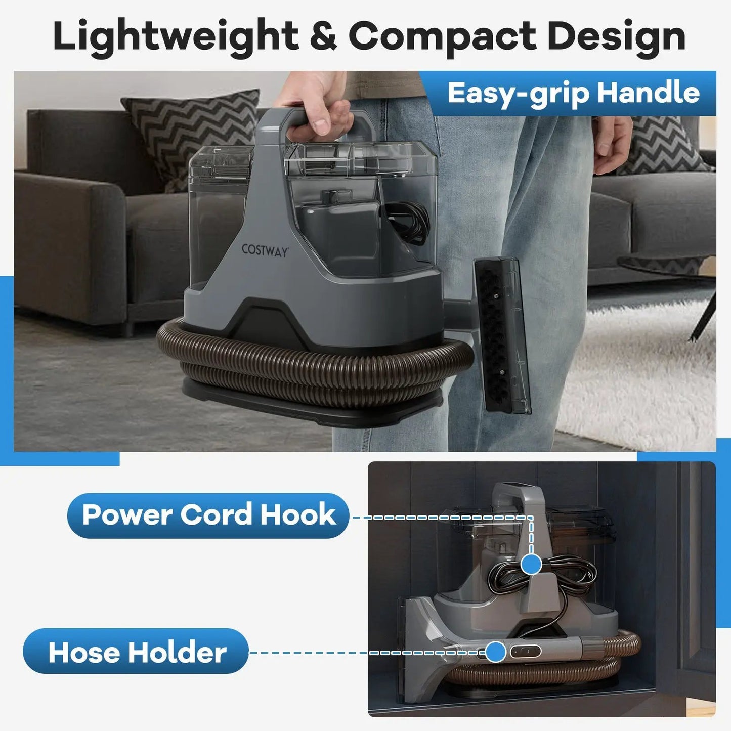 600W Upholstery Cleaner with 15Kpa suction, gray portable carpet shampooer with hose by Costway on Tampa Home & Garden Store