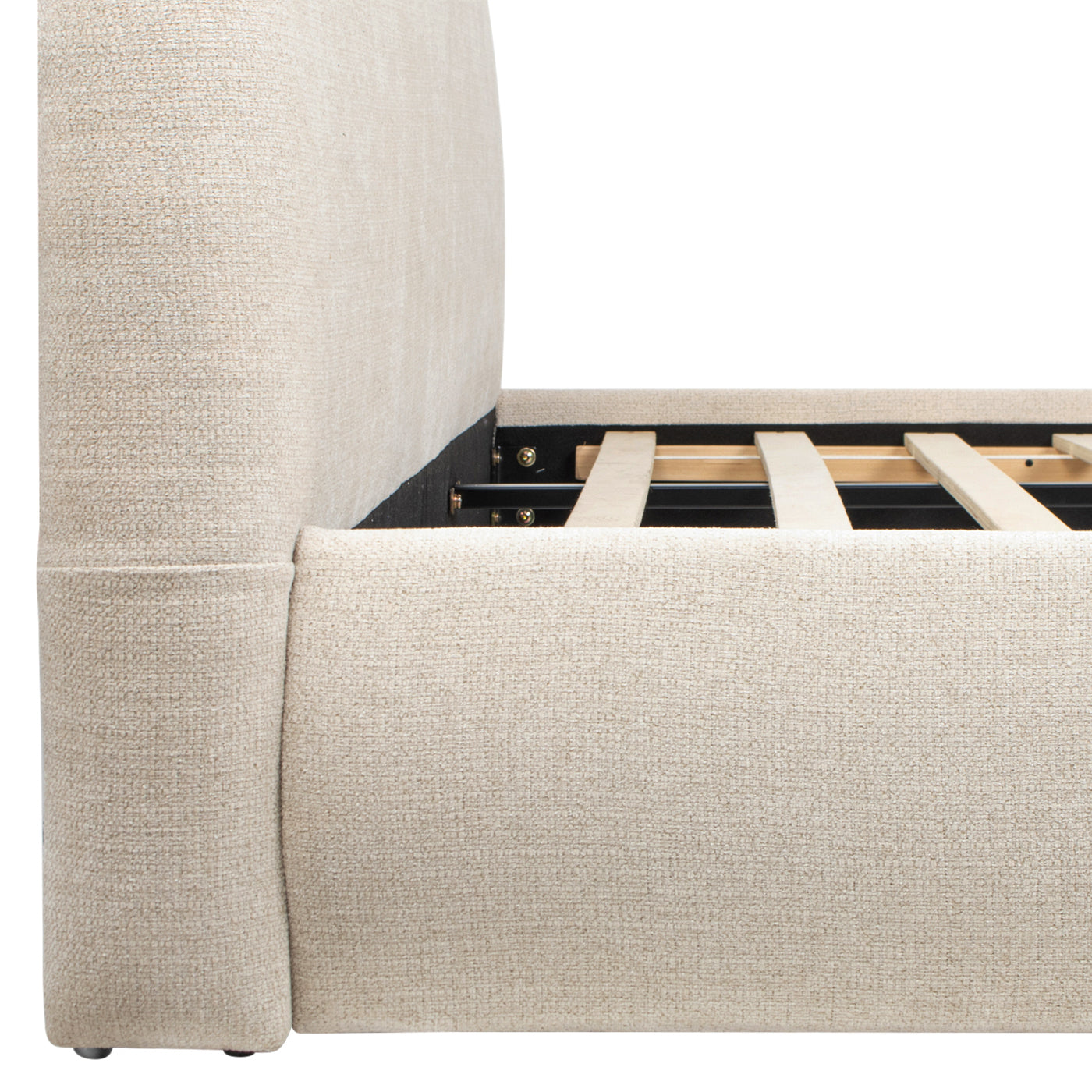 Archie Puffy Grounded Platform Bed in Oatmeal Light with slatted base and metal rails on Tampa Home & Garden Store