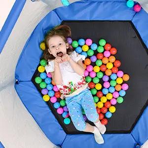 55in toddler trampoline with enclosure net blue frame and kid among balls on Tampa Home & Garden Store