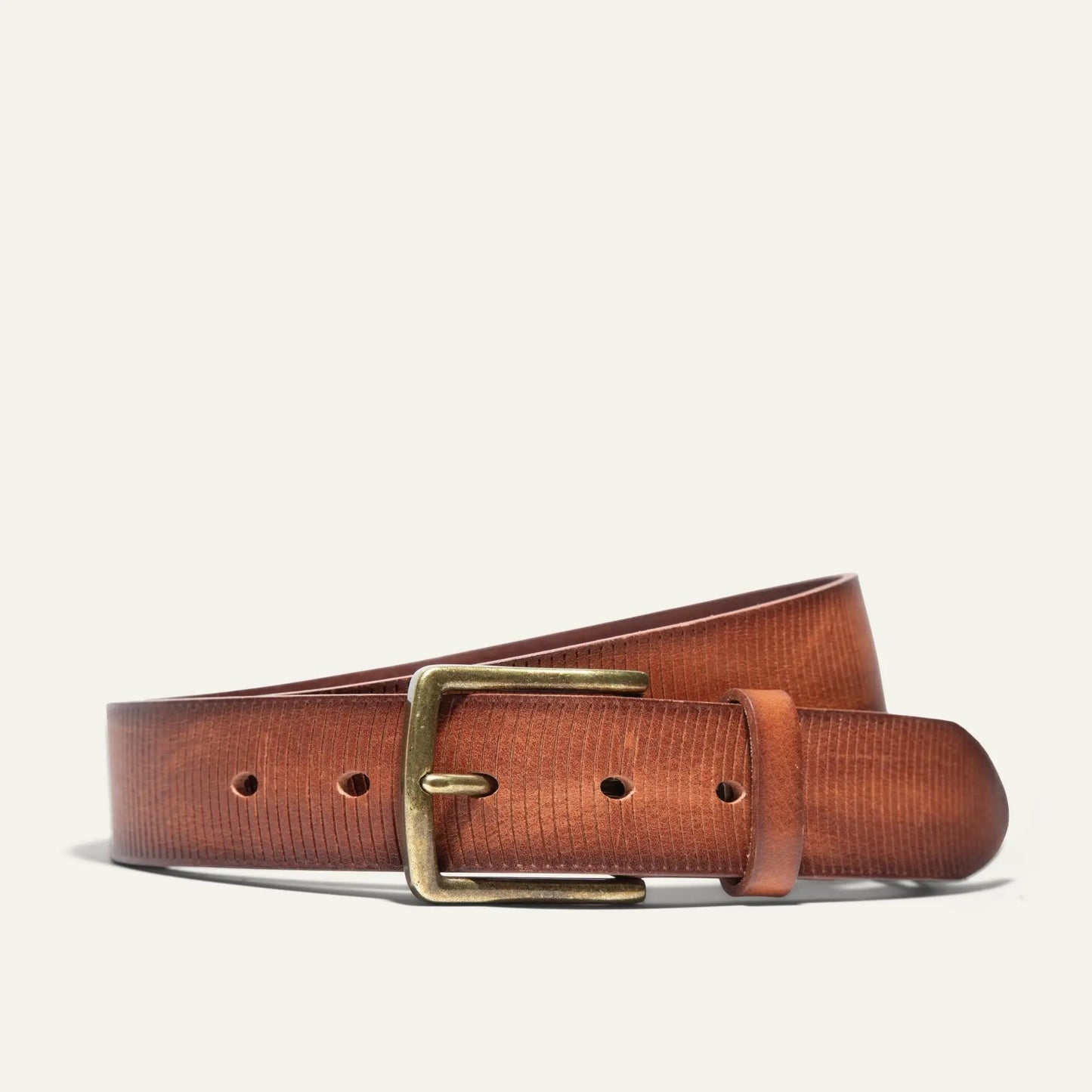Crescent embossed belt with antique brass buckle in brown leather Will Leather Goods belt on Tampa Home & Garden Store